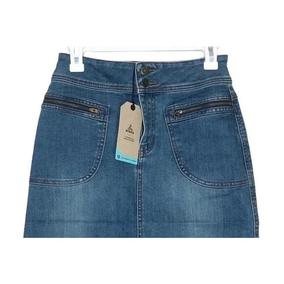 NWT prAna Broadway Mini Jean Denim Skirt Zipper Patch Pockets 0 Blue #2633 - Picture 3 of 12